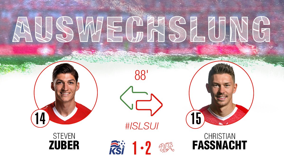 nati_sfv_asf's tweet image. 88' Fassnacht kommt für Zuber | Zuber cède sa place à Fassnacht

#ISLSUI #NationsLeague
#HoppSchwiiz #HopSuisse #ForzaSvizzera #HopSvizra 🇨🇭 ⚽ 💪