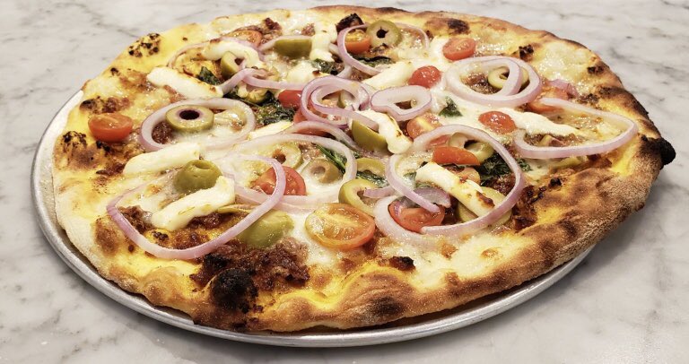 The Cypress Hill - sundried tomato pesto, halloumi, green olives, red onion, cherry tomatoes, basil, fior di latte.  #weeklyspecial ##saltandtobacco #cabbagetown #torontoeats