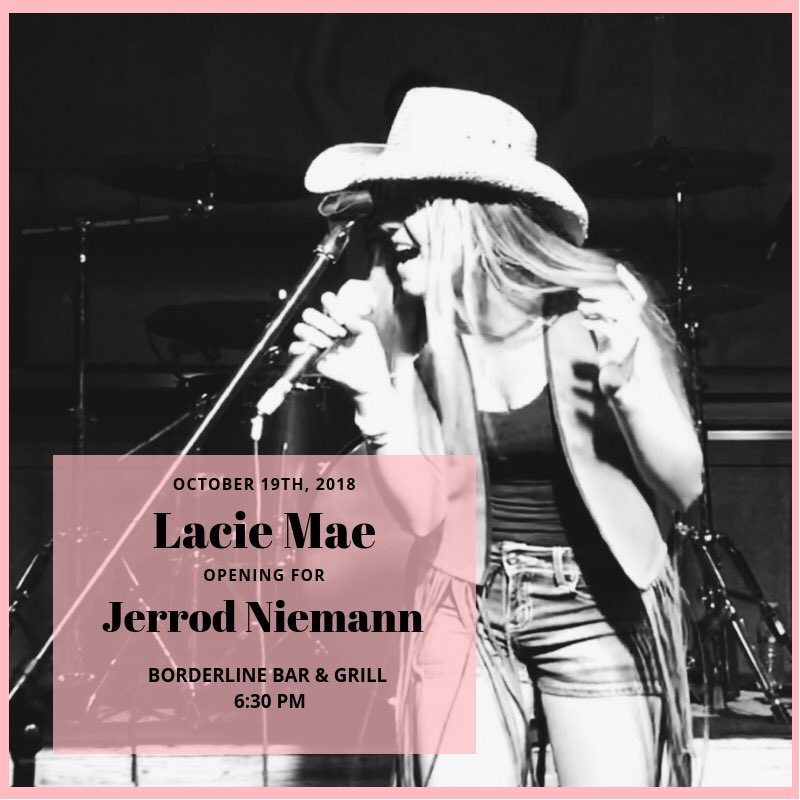 Another friendly reminder that I will be opening for THE Jerrod Niemann on October 19th at 6:30 PM. This is a show you WON’T wanna miss and tickets are going fast! 🎶👢🎵

#jerrodniemann #jerrodniemannconcert #borderlinebarandgrill #laciemae #laciemaemusic #countrymusic