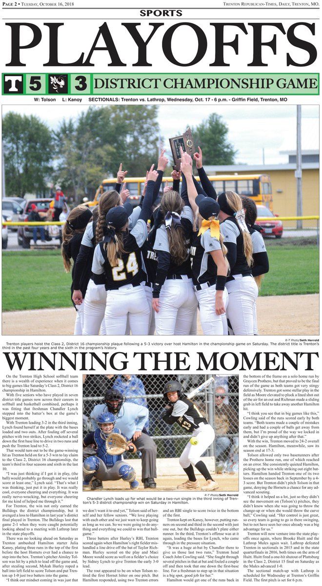 RTtrenton's tweet image. A special edition sports page for the Trenton girls capturing the district championship tomorrow. No, the print version won't be in color, but you could probably talk the boss into selling you a color print out if you really can't stand black and white.
