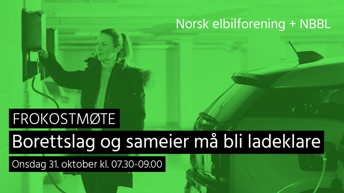 NBBLno's tweet photo. Med 1.000.000 #elbiler i 2025 må alle kunne #lade, hvilke utfordringer gir det? @Elbilforeningen med @ChristinaBu_ og @NBBLno med @hlaurid inviterer til frokostmøte 31.10 #borettslag #sameie Program oppdateres og flere deltagere kommer, men meld deg på nå https://t.co/u4w8sGBxoi https://t.co/JSLeRZQzjK