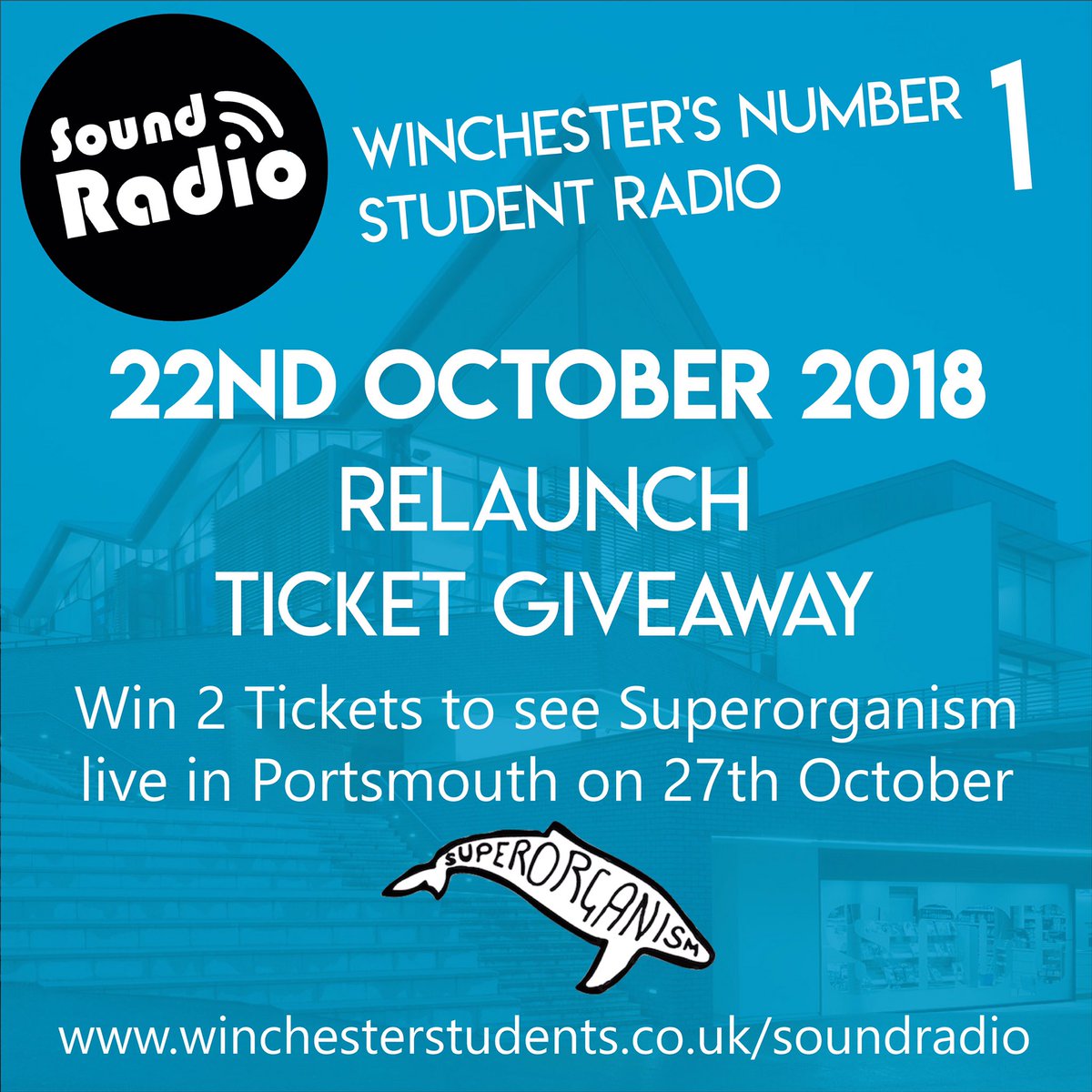 SoundRadioWinch's tweet photo. 🎊 Relaunch Prize Giveaway!! 🎊

Sound Radio officially relaunches in a week’s time and to celebrate we are giving away TWO TICKETS to see @SPRORGNSM in Portsmouth on 27th October... Want to win? Listen in to Sound Radio next Monday 🐋

#soundradio #studentradio https://t.co/n0rxfPKqRA