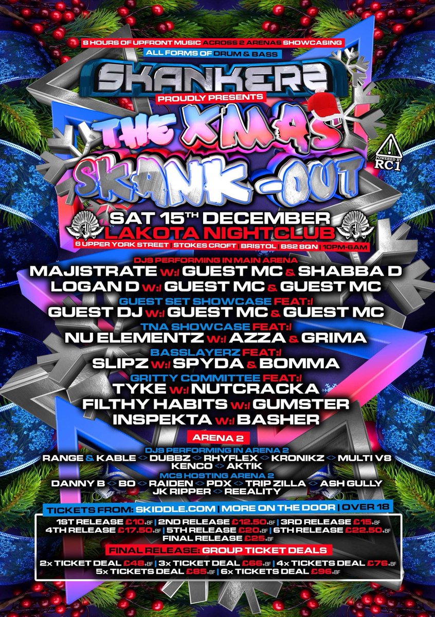 Skankers_'s tweet photo. FIRST SPECIAL GUEST ANNOUNCED ON 3RD DECEMBER 

SKANKERS XMAS SKANK OUT - BRISTOL -SAT 15TH DECEMBER  POWERED BY THE MIGHTY RC1 SOUND  SYSTEM

#dnb #drumandbass #dnbfamily #rc1soundsystem #skankers #bristol #lakota #xmasskankout  #party #xmasparty #rave #ravers https://t.co/QHYUV0RSRW