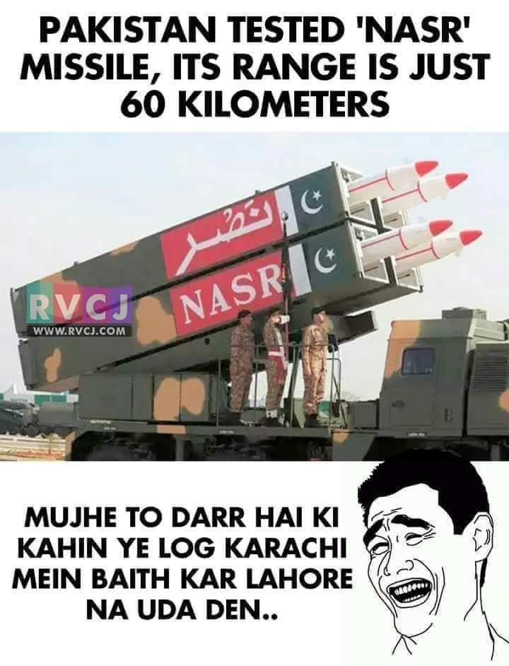 KamathVignesh93's tweet photo. Pakistan Tested 'NASR MISSILE' , it's range is Just 60 Kilometers.
Mujhe tho dhar hai ki, Kahin ye log Karachi mein bait kar Lahor na udha den..😂😂😂
(Who ever written this big salute 👌👌)
#UltimateComedy https://t.co/tx8g1SG6pY