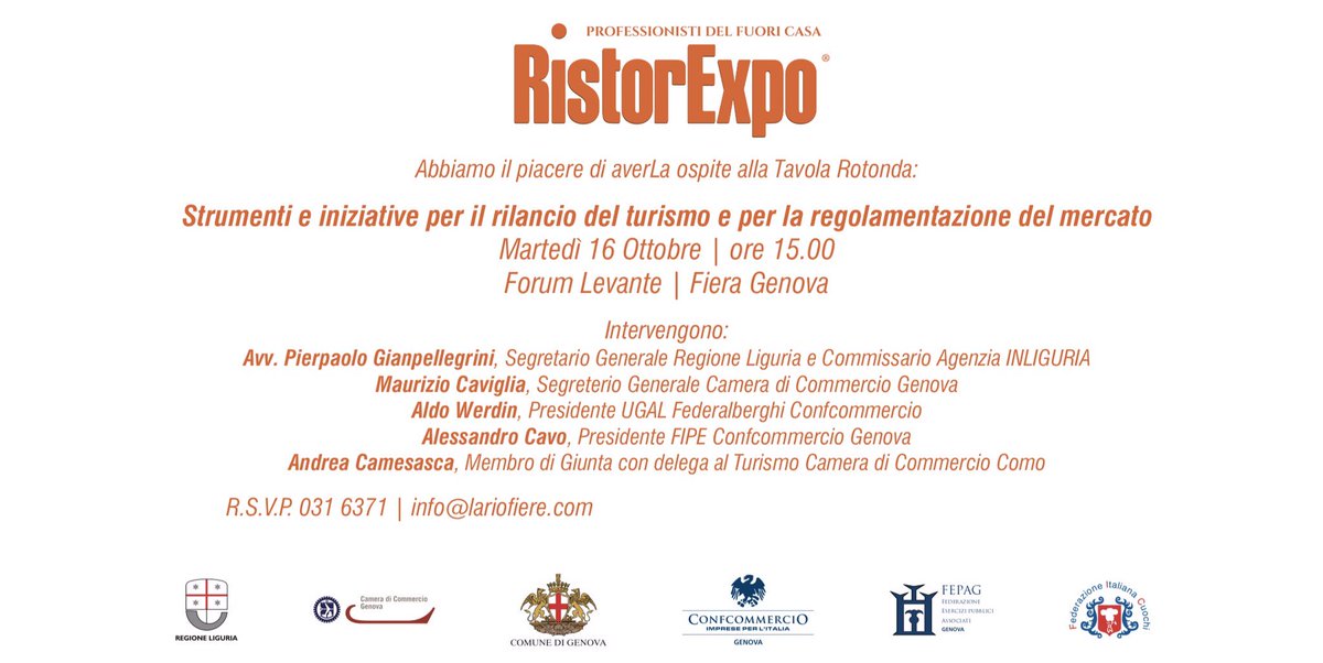 Domani a #ristorexpo si parla di turismo con Gimapellegrini, Caviglia, <a href="/AWerdin/">Aldo Werdin</a> e Camesasca. @LiguriaOnLine <a href="/unioncamere/">Unioncamere</a> @TurismoLiguria <a href="/confcommercioge/">Confcommercio Genova</a> <a href="/fipeconf/">Federazione Italiana Pubblici Esercizi</a>