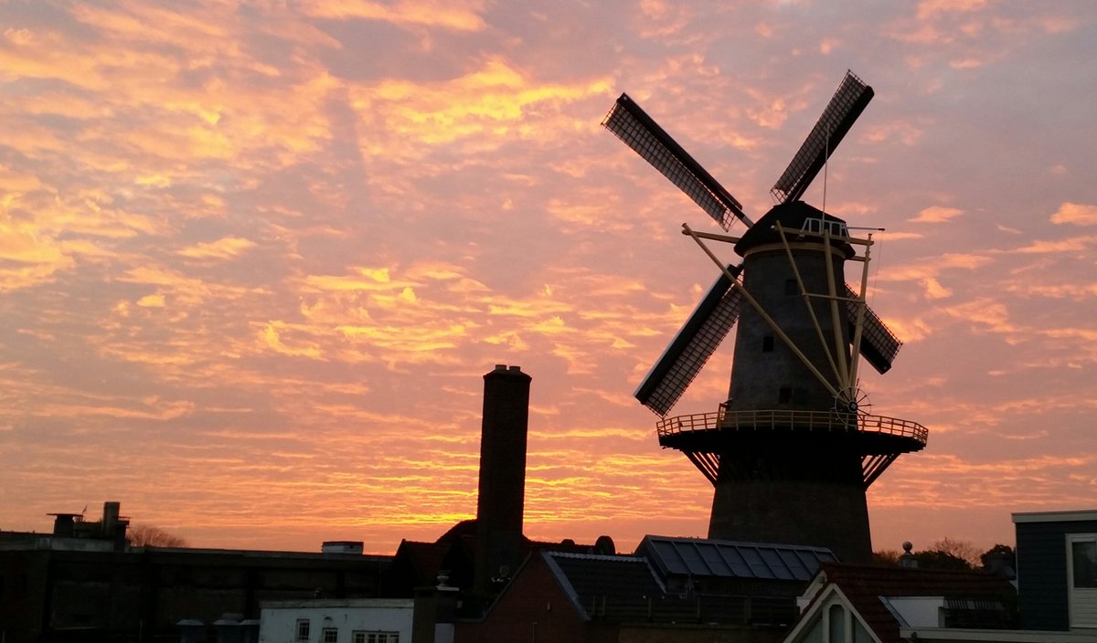 Stunning #sunset just now! #Windmill <a href="/molendevrijheid/">molen De Vrijheid Schiedam</a> still in the sails. #Schiedam #Holland #Zonsondergang #Molen
