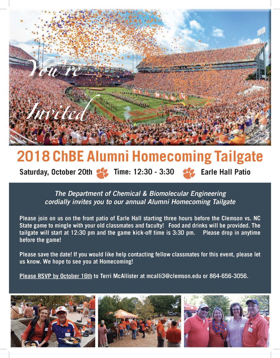 Mark Blenner 🏳️🌈🇺🇦🧬 (@markblenner) on Twitter photo Current and former members of the #BlennerLab are invited to the <a href="/ClemsonChBE/">Clemson ChBE</a> tailgate for the <a href="/ClemsonUniv/">Clemson University</a> #Homecoming2018. This Saturday October 20th in front of Earle Hall. Current and former members of the #BlennerLab are invited to the <a href="/ClemsonChBE/">Clemson ChBE</a> tailgate for the <a href="/ClemsonUniv/">Clemson University</a> #Homecoming2018. This Saturday October 20th in front of Earle Hall.