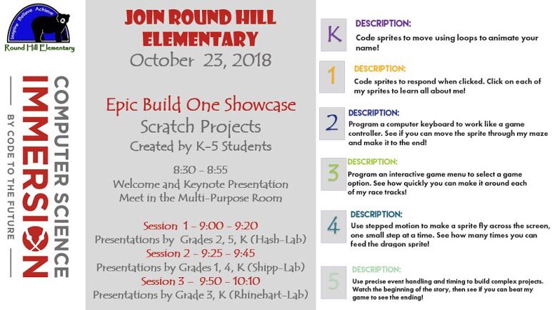 LCPSMrsE's tweet image. Epic Build is October 23rd. Ss are very excited to share their work. @RoundHillES #lcpscodes