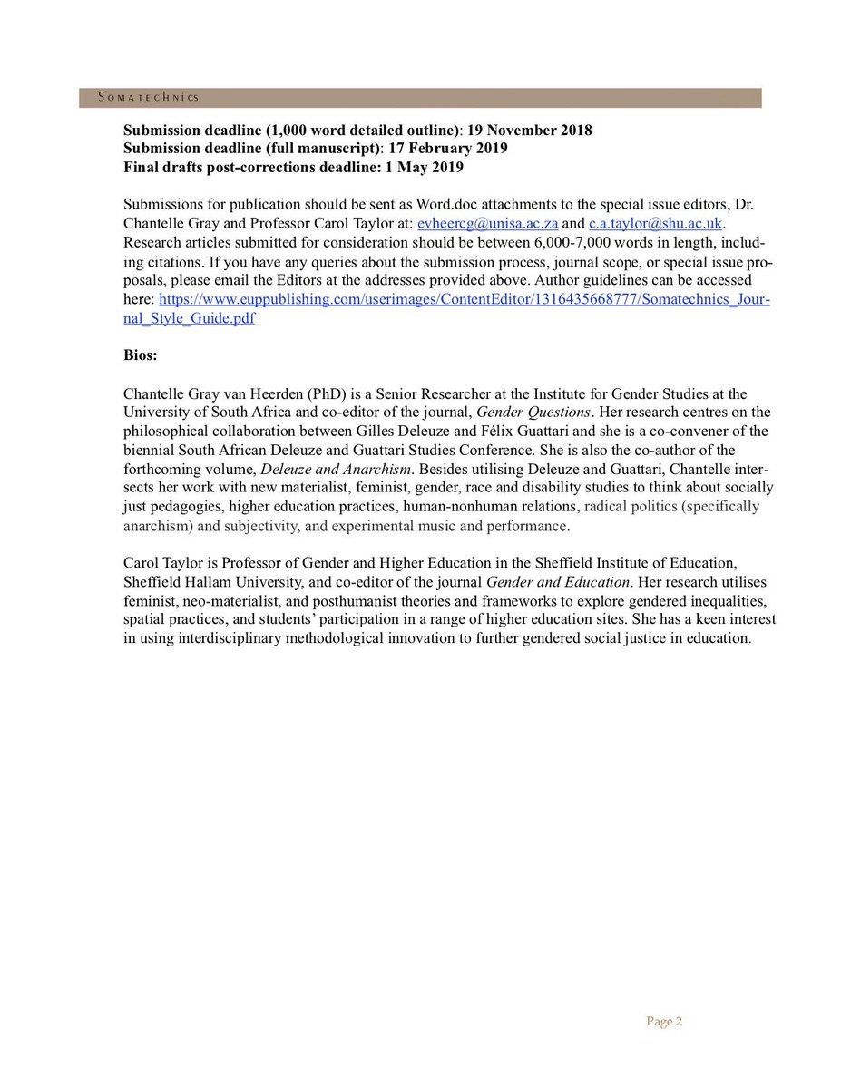 CaitlinJanzen's tweet photo. Check out this exciting CfP for an upcoming special issue of Somatechnics on "Higher Education and the Somatechnics of Pedagogy, Classrooms, and Learning Technologies". Abstracts due Nov 19th! https://t.co/xF58oBTaxS