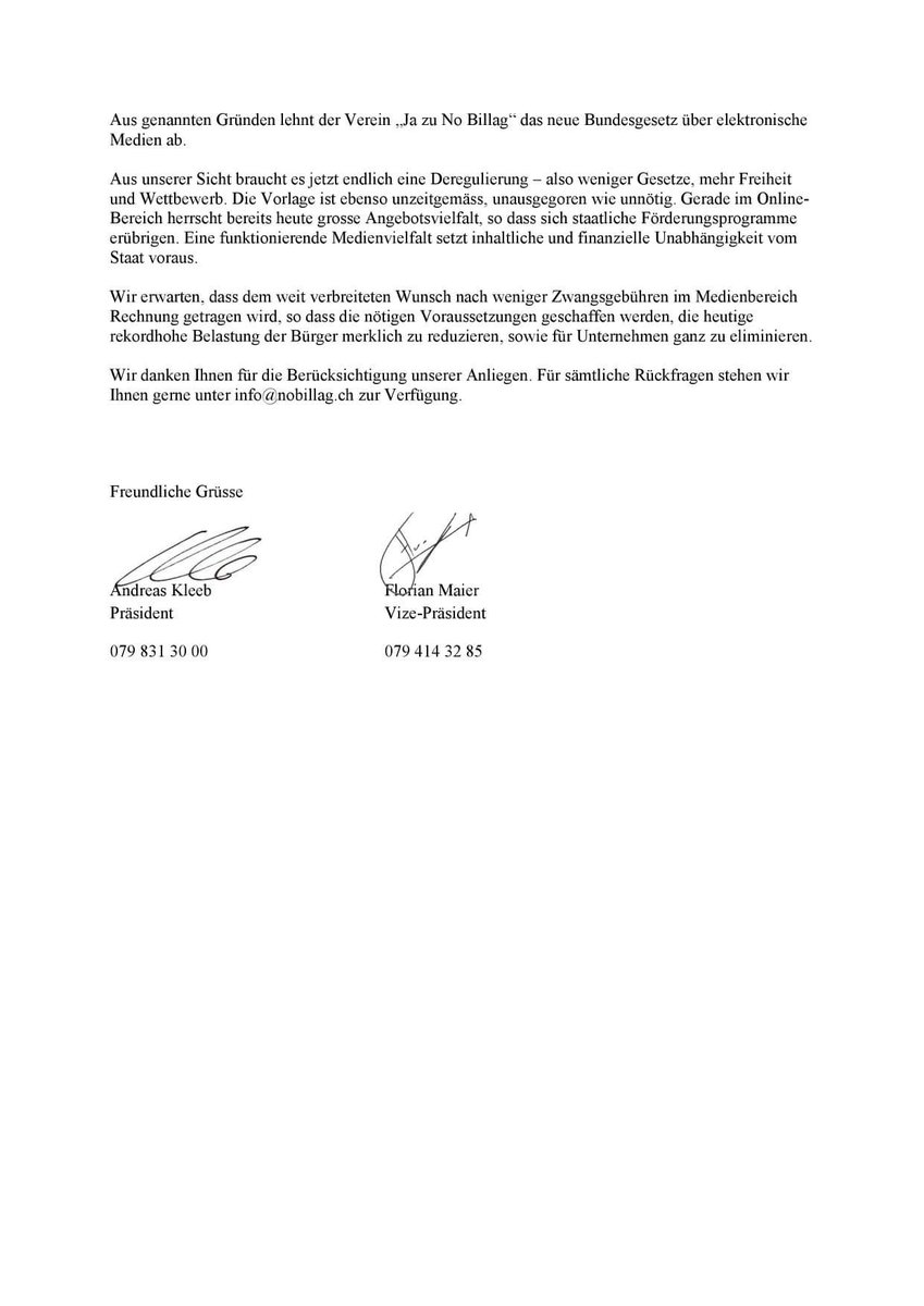 Der Verein „Ja zu No Billag“ lehnt das neue Mediengesetz und diese Verstaatlichungstendenzen im Medienbereich dezidiert ab.