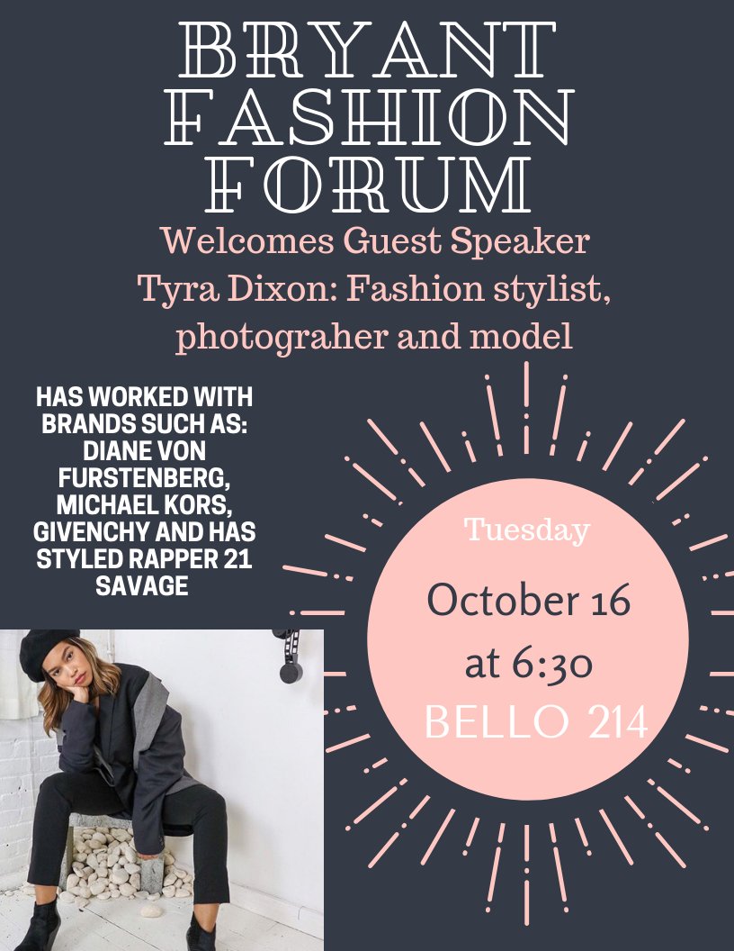 Come see our guest speaker, Tyra Dixon, TOMORROW who has worked with <a href="/DVF/">DVF - Diane von Furstenberg</a>, <a href="/MichaelKors/">Michael Kors</a>, <a href="/givenchy/">Givenchy</a>, and styled <a href="/21savage/">Saint Laurent Don</a>! 😃