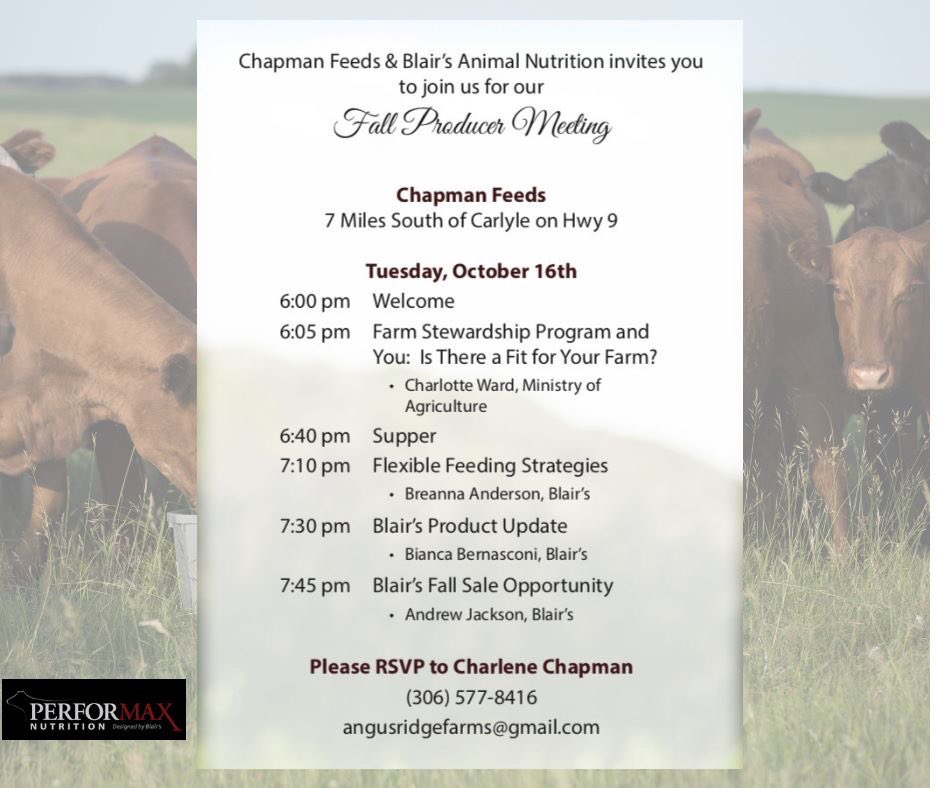 PerforMaxANT's tweet photo. What are all our SOUTH-EAST Saskatchewan PRODUCERS doing tomorrow night❓❓❓

How about joining us at Chapman's Feed &amp; Ag Supply in Carlyle, SK Tuesday October 16 at 6pm for some great SPEAKERS and delicious FOOD❗️🥩🥧

#Blairs #PerforMAX #SKAg #SKFarmers #KnowledgeIsPower https://t.co/DvWYq3F7Cm