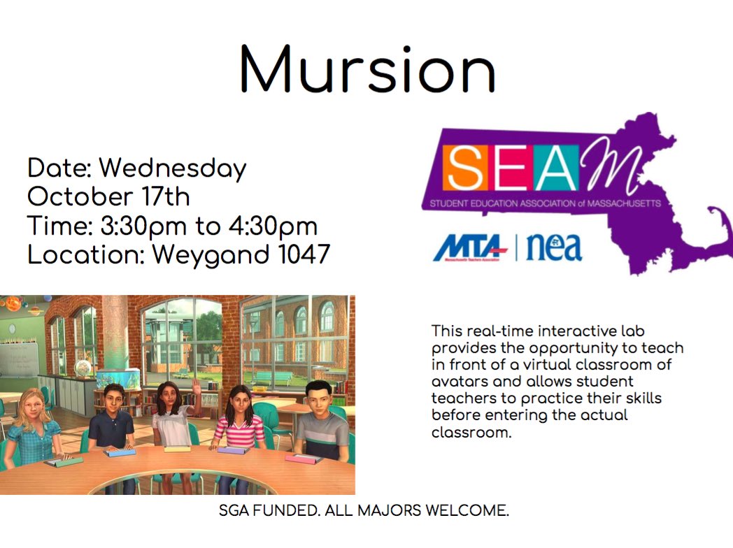 bsuseam's tweet photo. Join SEAM for an opportunity to put your classroom skills to the test using Mursion, a virtual reality classroom with digital avatars students! 
**WEDNESDAY October 17th at 3:30pm in Weygand 1047!**
Certificates of Attendance will be provided for your teaching portfolios. https://t.co/t7512fQtnr