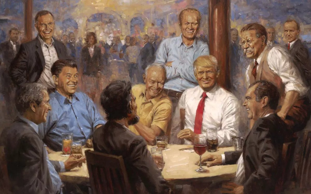 mshalk's tweet photo. @realDonaldTrump Trump’s commissioned #RepublicanClub painting, hanging in the White House (it’s the one on the left). Suckered again. https://t.co/cQMvFeyS5G