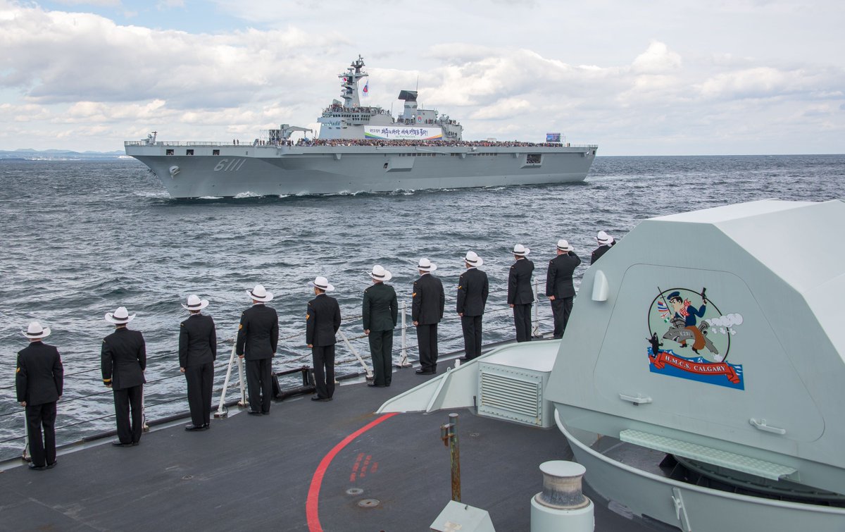 CJOC_COIC's tweet image. Did you know we sometimes wear cowboy hats on board #HMCSCalgary?

Crewmembers “man the side” as the ship passes Republic of Korea Ship Dokdo for the International Fleet Review off the coast of Jeju, Republic of Korea. #OpPROJECTION