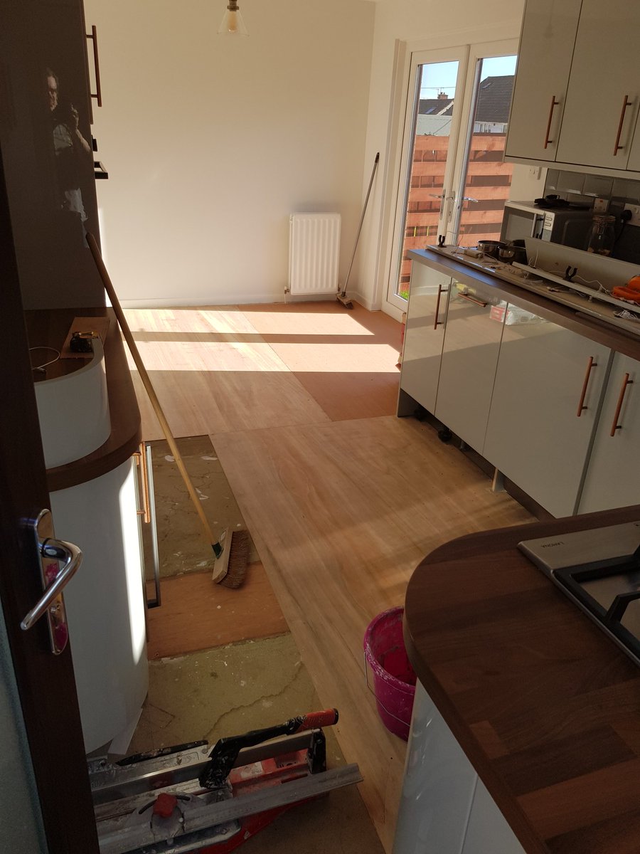 The project begins.... Floor ply down ready for tomorrow. The my @Rubi_UK_IRE And me will transform this kitchen with <a href="/MapeiUKLtd/">Mapei UK Ltd</a> Adhesives and Grout.....