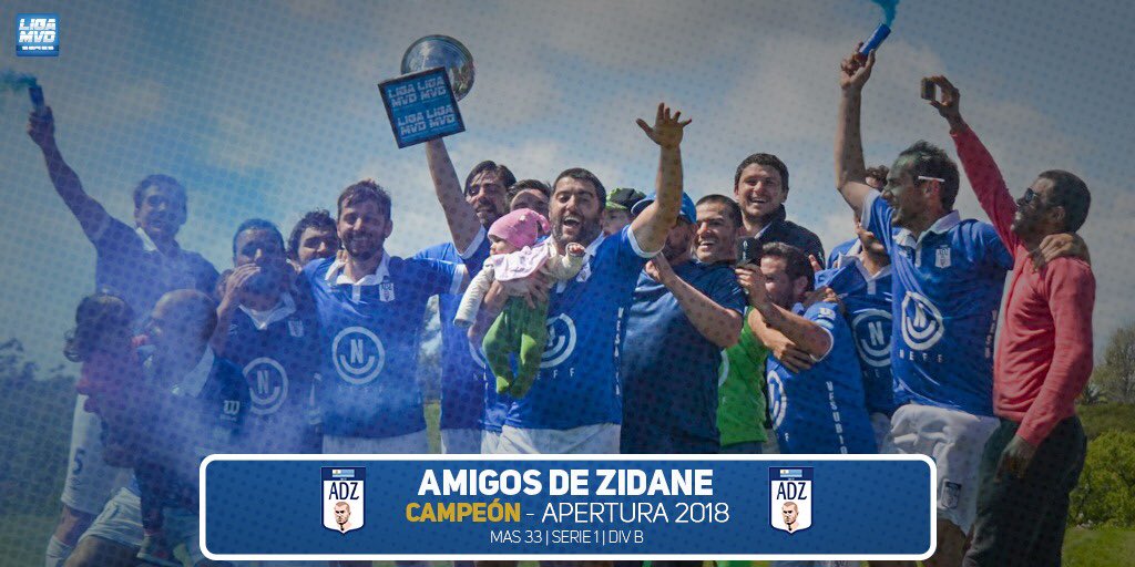 AMIGOS DE ZIDANE 
<a href="/AdzUruguay/">Amigos de Zidane Uru</a> 
CAMPEÓN APERTURA 2018 
+33 Serie 1 - Div B

<a href="/UmbroUruguay/">Umbro Uruguay</a> <a href="/DIRECTVSports/">Claudia Antunes Gomes</a>
⁦@NativaURU⁩