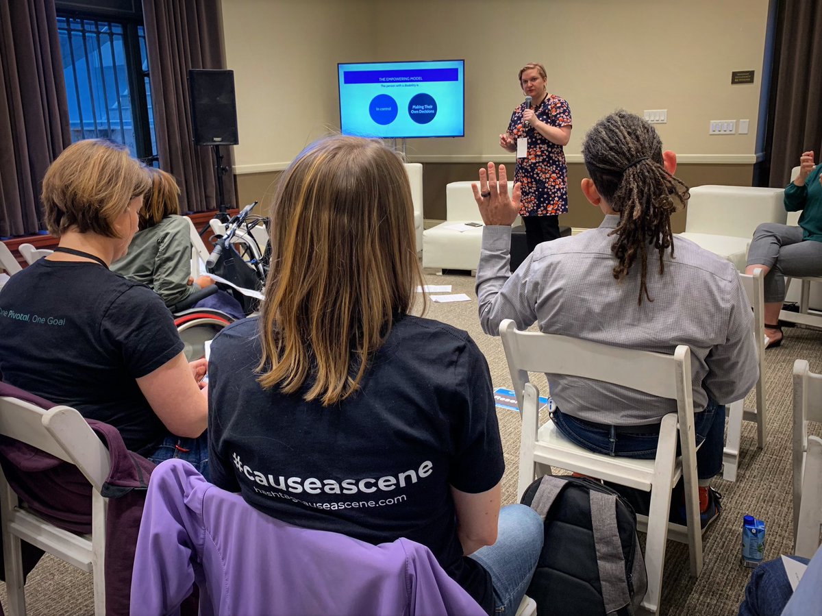 JHMarble's tweet photo. If you don’t know her, @JessieLeeTweets is doing amazing work in #AbilityinTech. I love how she builds on the social model by promoting an ‘empowerment model’ of disability - that disabled people hold the right to be a) in control &amp; b) making their own decisions. #TechInclusion https://t.co/fA7VFEH70b