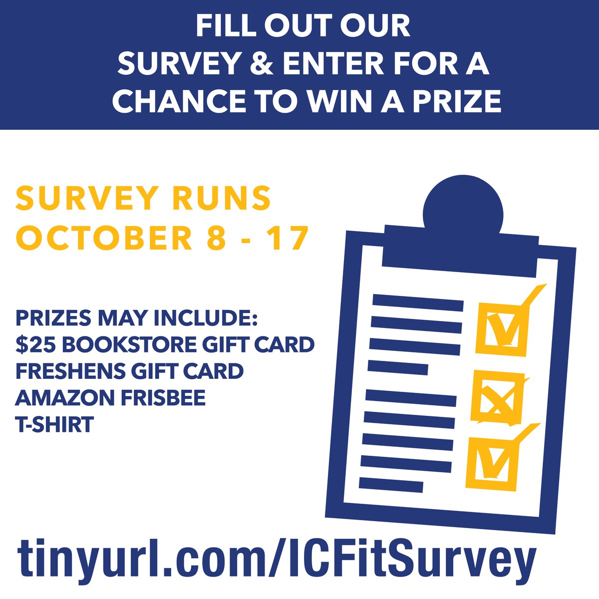 ICCampusRec's tweet image. There is still time for a chance to win a Fitness Center prize pack! All you have to do is help us out by filling out the survey below! 💙💛 #ICFit #ithacacollege 
ow.ly/7mgq30m95AC