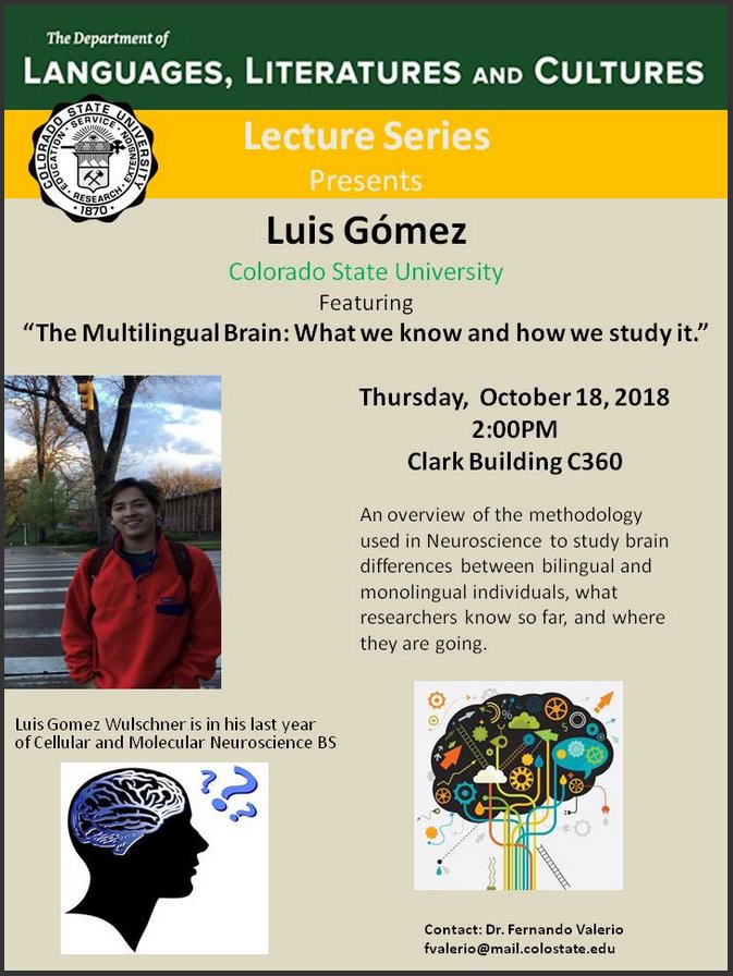 LLC_CSU's tweet photo. Mark your calendars!
Thursday, October 18. 2pm. Clark C360
@LLC_CSU is proud to sponser “The Multilingual Brain: What we know and how we study it” by Luis Gómez Wulschner, a Neuroscience undergrad at CSU.
See you there!
#LLC_CSU #LLClectureseries #multilingual https://t.co/rnGVi6RQyT
