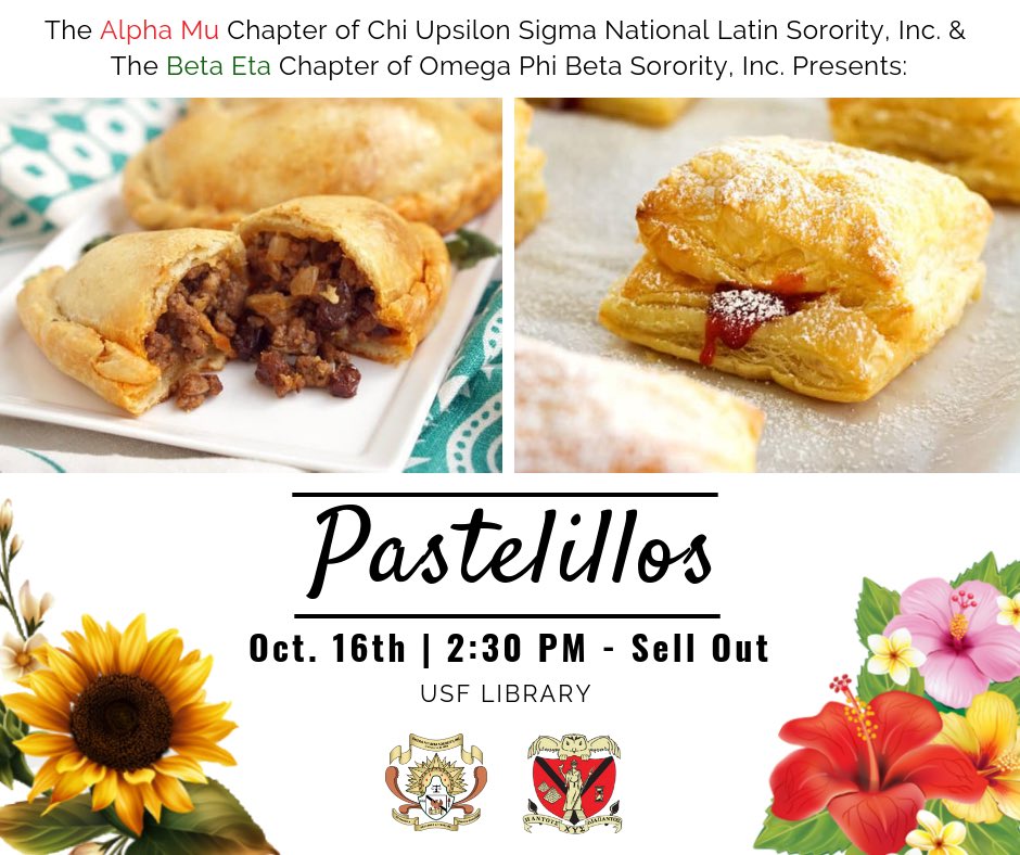 USF_OPBSI's tweet photo. ❗️ATTENTION ❗️Food Sale❗️The Women of Wisdom 🦉and the Radiant Betas 🌻 are selling pastelillos tomorrow Oct. 16 at 2:30 PM in front of the library. Make sure you stop by for a sweet OR savory one for $1 a piece, we’ll be there until we’re sold out so get ‘em while they last 🤪 https://t.co/1gEoJh3P67