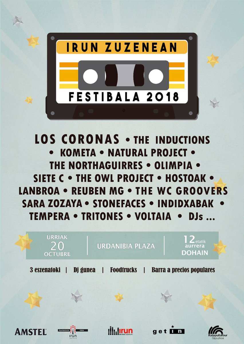 Larunbatean // Este sábado
Urriak 20 // 20 de Octubre
20:00

<a href="/NonStopFestiba1/">@IrunNonStopFestival</a> (IRUN)

+ <a href="/loscoronas/">los coronas</a> <a href="/_VOLTAIA_/">Voltaia</a> <a href="/olipi/">Jooão</a> ...

<a href="/GetInMusic/">Get In</a>