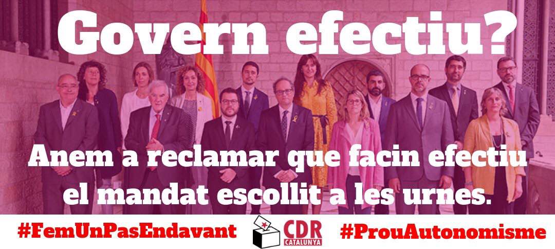 📣 PROU AUTONOMISME! 📣
 
🔴 Divendres, 19 d'octubre, a les 19 hores, us emplacem davant de:

📌 <a href="/Pdemocratacat/">PDeCAT - Espai CiU</a>: C. Provença, 339, BCN. 

📌  <a href="/Esquerra_ERC/">Esquerra Republicana</a>: C. Calàbria, 166, BCN. 

👉 Els deixarem ben clar que no farem #NiUnPasEnrere ✊ 

#TardorCalenta
#RepúblicaODimissió