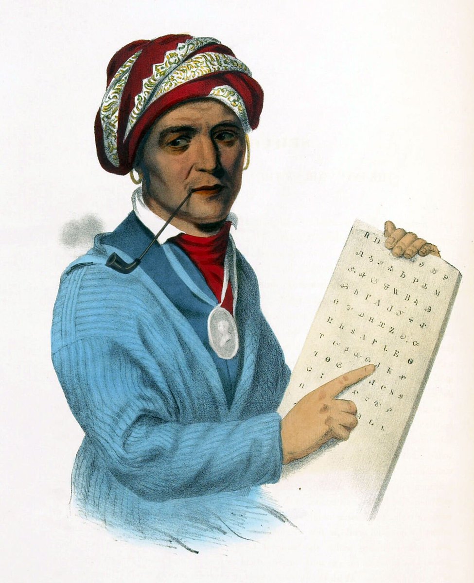 Portrait of Sequoyah, holding a book where he points to the Cherokee Syllabary.