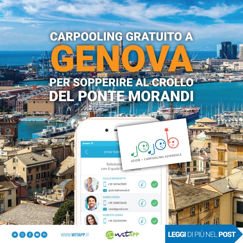 witappsrl's tweet photo. La @Jojob_Carpool  ha messo a disposizione, gratuitamente, la sua piattaforma di #carpooling aziendale a #Genova per sopperire al crollo del #ponteMorandi e facilitare gli spostamenti. https://t.co/Gc0GJJpf0e https://t.co/LuF2Nb8T4x