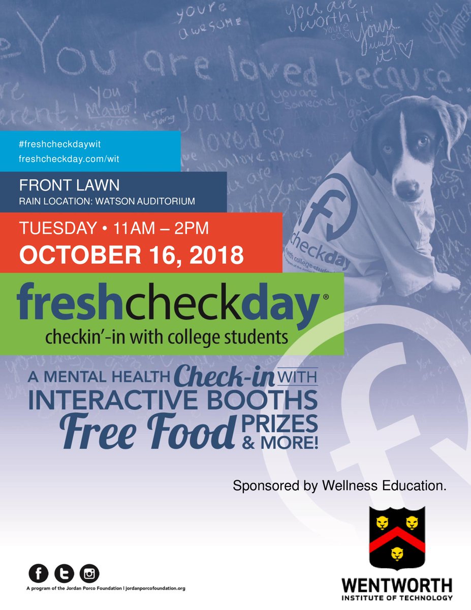 witproject40's tweet photo. Come to @wentworthinst Fresh Check Day Tomorrow, TUESDAY 10/16 at 11AM -2PM on the Front Lawn to show some gratitude to those in your life who deserve it! #freshcheckdaywit #WITProject40 @WITLeopard @WITdiversity @WITlife @DeanWenner @WITCoopsCareers @witathletics @witfitrec https://t.co/RVtqloh978
