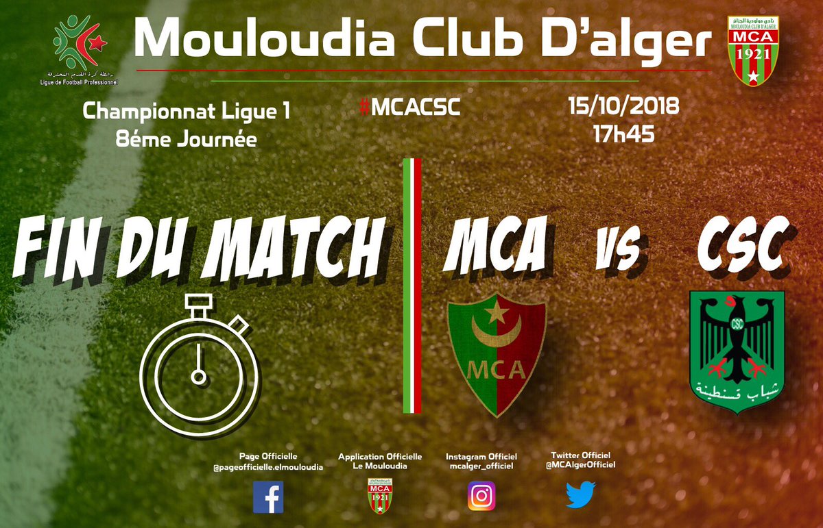 #MCACSC 💪🏼

SCORE : 2-1 
15 ´ Hachoud 
26’ Belkacemi
87’ Bendebka 

#Ligue1dz
#TahyaELMouloudia ⚽️⚽️💚❤️