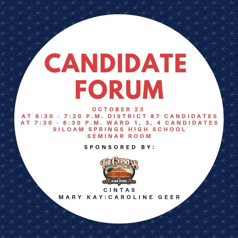 At our October 23 Candidate Forum at 7:30 p.m. at the Siloam Springs High School Seminar Room, we will be meeting with the candidates running for city wards 1, 3, and 4. We will be discussing issues facing the City of Siloam Springs. #SiloamChamber