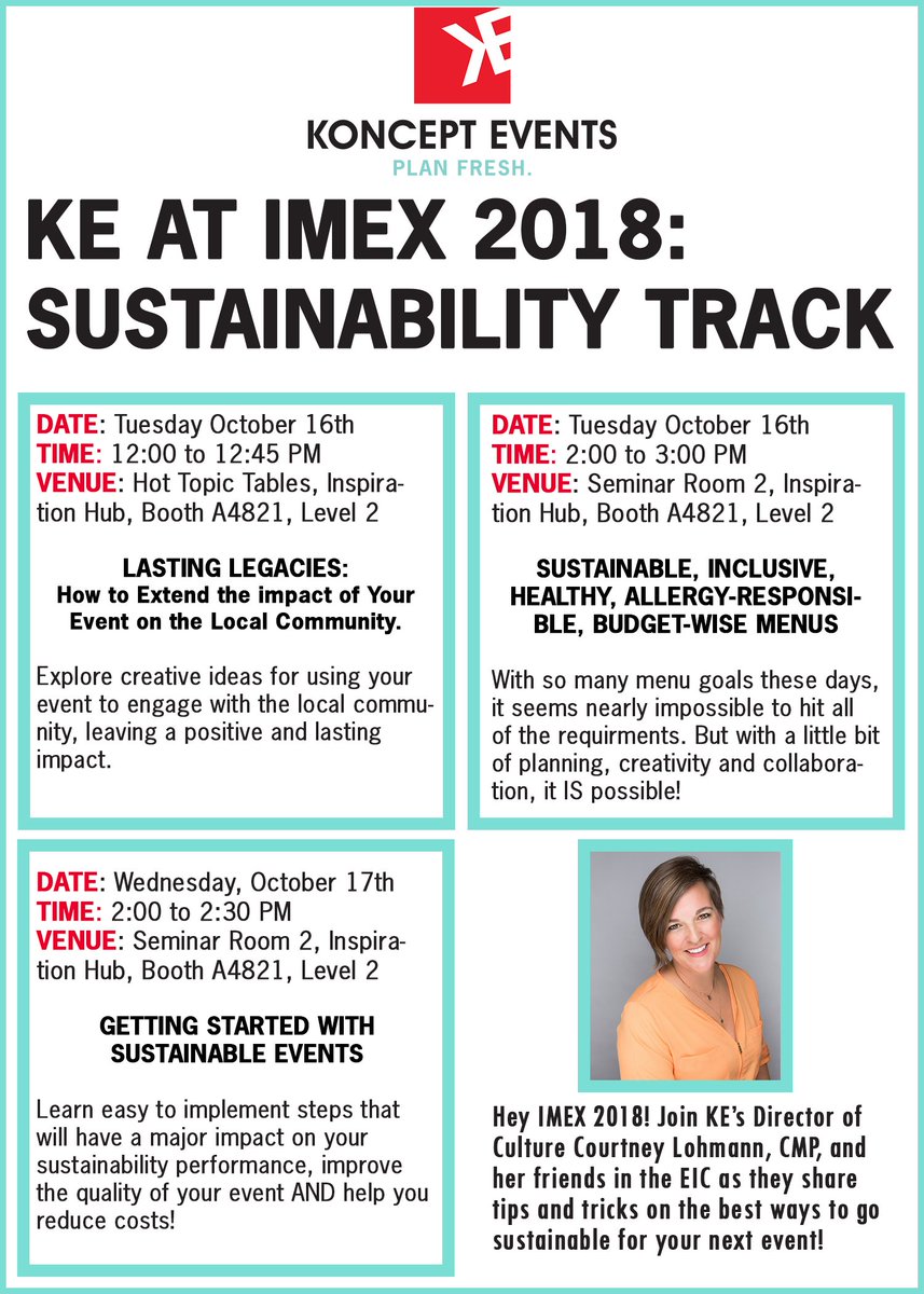 Heading to #IMEX18 ? Let us suggest some of our favorite sustainability sessions, which just so happen to feature KE's Director of @CourtneyL_CMP Head to the Inspiration Hub for one of these great education sessions and let us know what you think! #eventprofs #meetingprofs