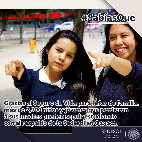 El Programa Seguro de Vida para Jefas de Familia brinda a hijas e hijos en estado de orfandad materna, de hasta 23 años apoyos económicos con la finalidad de incentivar el ingreso o permanencia escolar.
#SedesolPresente