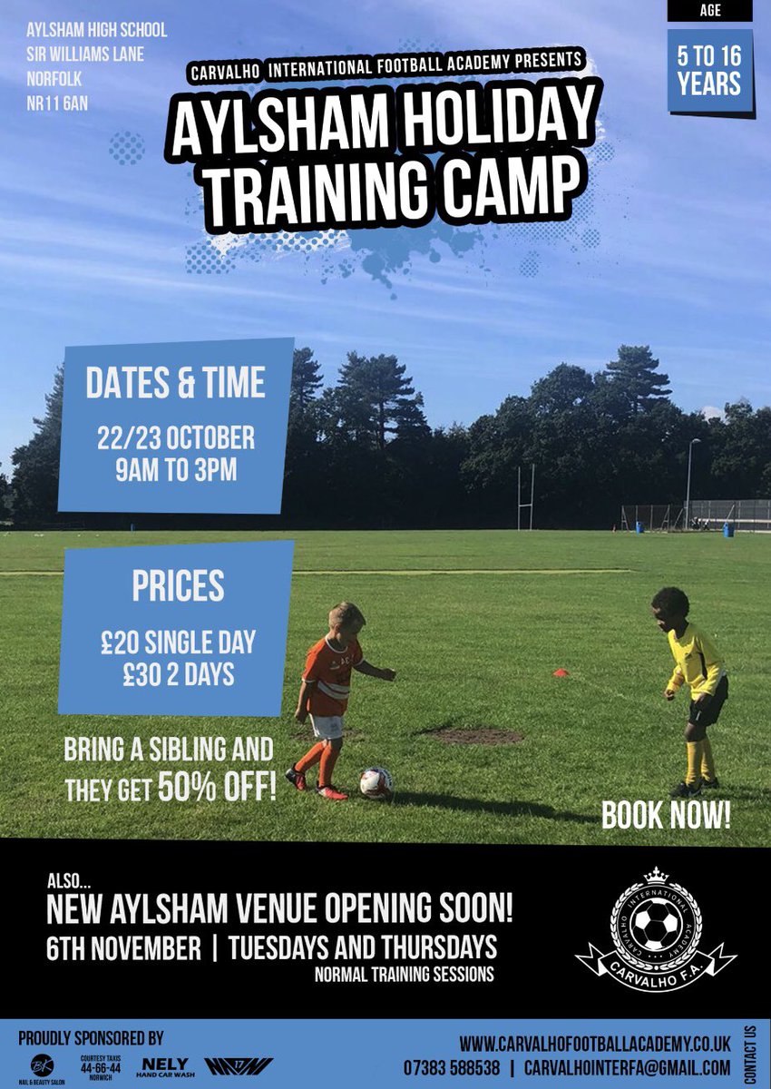 Only 1 week until Aylsham High School host the first <a href="/CarvalhoIFA/">Carvalho International Football Academy</a> holiday camp! 1 or 2 day options available. A mix of technical drills, fun games and a tournament to finish each day!
