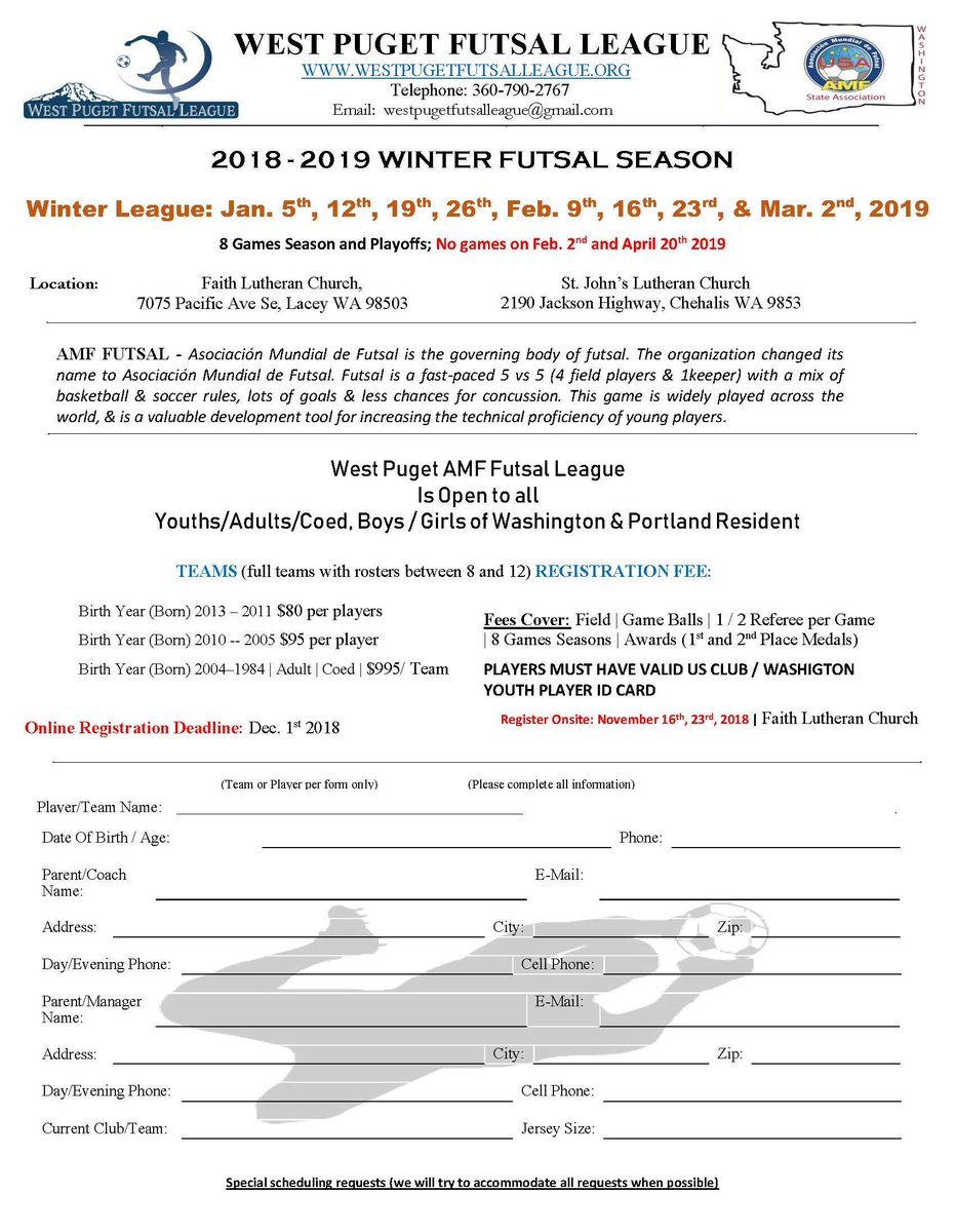 CentraliaFc's tweet photo. West Puget AMF Youth Academy
Training &amp; Futsal Games open to all Lewis &amp; Thurston County 
Boys/Girls
Ages 3-14, H.S. &amp; adults 15+
8-10 wks training 
Ages:
3-6. Start 5:30pm Fee: $75
7-14. Start 6:30pm Fee: $85
Ages 15+ Wkly training fee: $10/ player
https://t.co/rL9NJbuUPX https://t.co/hzaGLe5Wc1