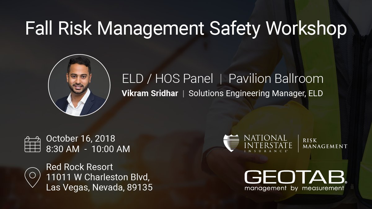 GEOTAB's tweet photo. Hear from Geotab's Vik Sridhar as he discusses common #HOS and #ELD questions alongside the @FMCSA and the @nevadadot at the Fall Risk Management Safety Workshop hosted by National Interstate Insurance! Details below 👇 https://t.co/eZ12Ek0frl