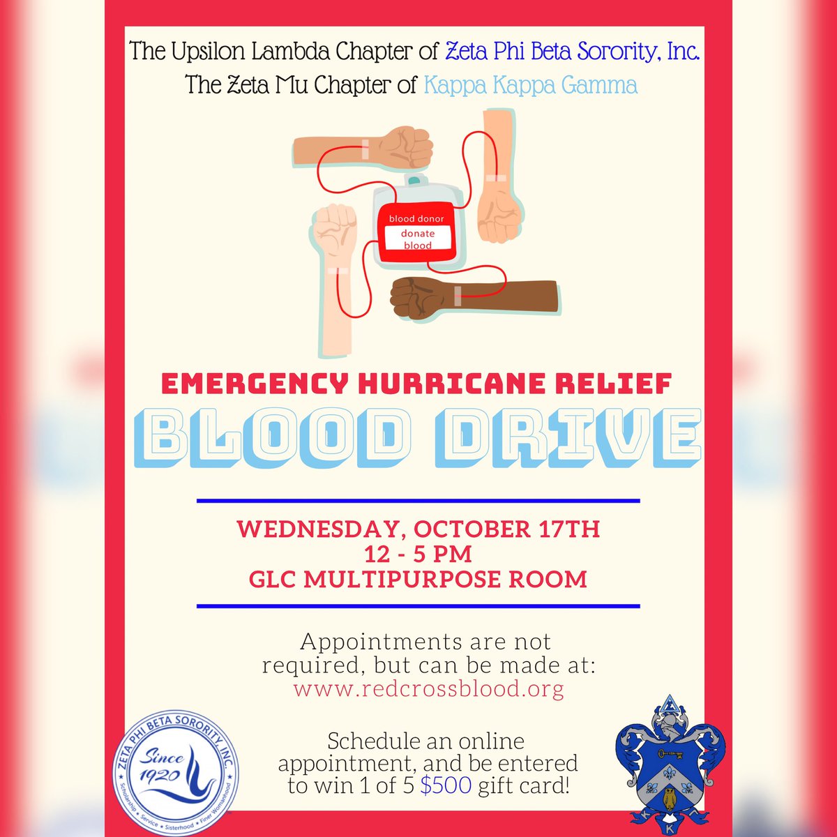 Come support our emergency hurricane relief blood drive with ladies of <a href="/vtkappa/">Kappa Kappa Gamma</a> for the American Red Cross! 💙Checkout the full flyer for more details &amp; message us or KKG with any questions. It’s in your blood to help save a life. 💉