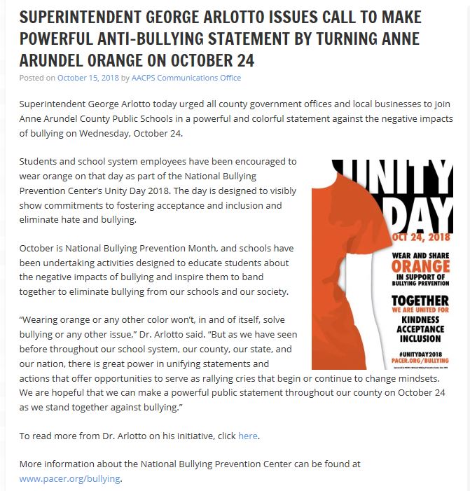 'SUPERINTENDENT GEORGE ARLOTTO ISSUES CALL TO MAKE POWERFUL ANTI-BULLYING STATEMENT BY TURNING ANNE ARUNDEL ORANGE ON OCTOBER 24