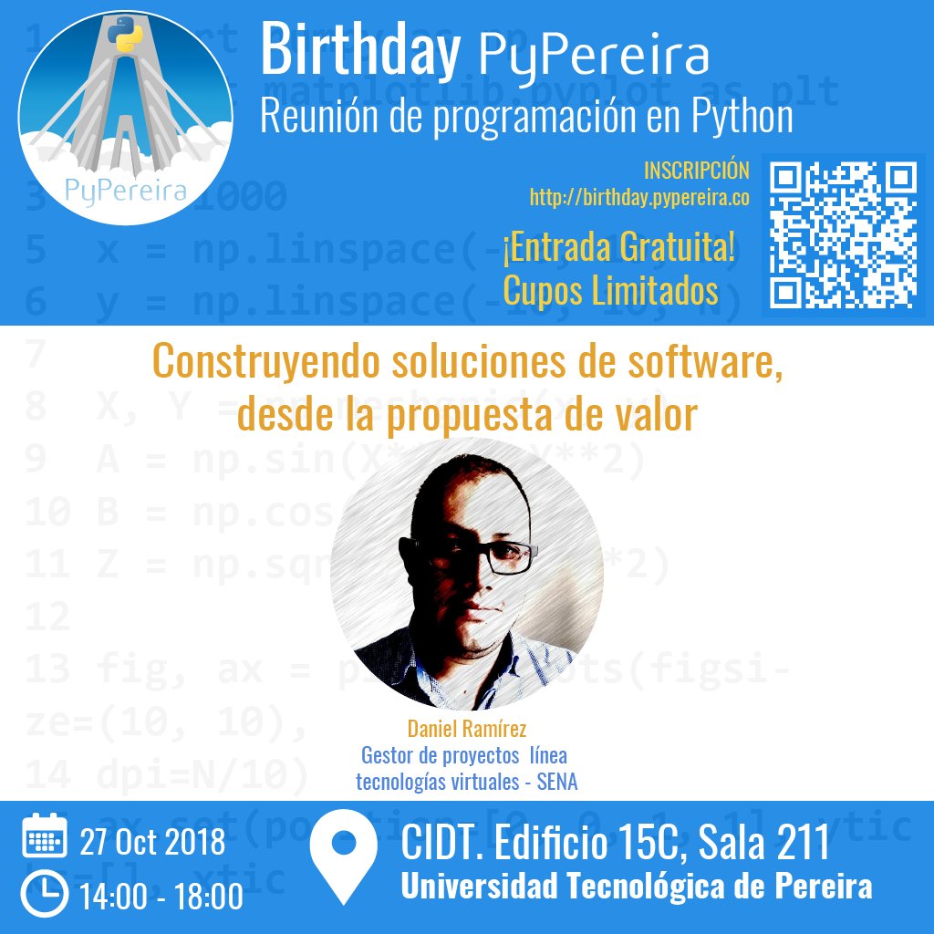 pythonpereira's tweet image. En el primer cumpleaños de #PythonPereira podrás aprender a Construir soluciones de software, desde la propuesta de valor gracias a Daniel Ramírez
Si quieres aprender esto y mucho más, inscríbete en: birthday.pypereira.co
Patrocinan: @monoku y julianx.com