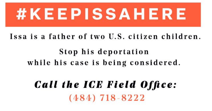 UndocuBlack's tweet photo. Urgent❗️❗️❗️ Issa has lived in the United States for over 27 years-now he needs your help. He is set to be deported to Mauritania where he could face slavery, torture, and even death. Call the ICE regional field office and tell them to #KeepIssaHere https://t.co/Hxur5qzPkp
