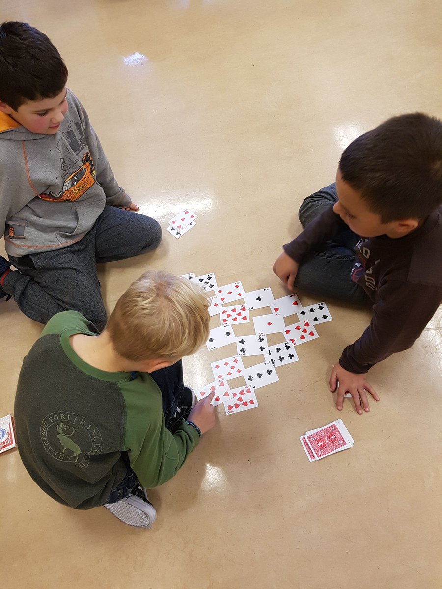 sdiduck's tweet photo. Gr 2s playing Friendly Number Pyramid card game to learn their addition facts that equal 10 @PrideInThePaw #mathcardgames https://t.co/VVDlONk7c1