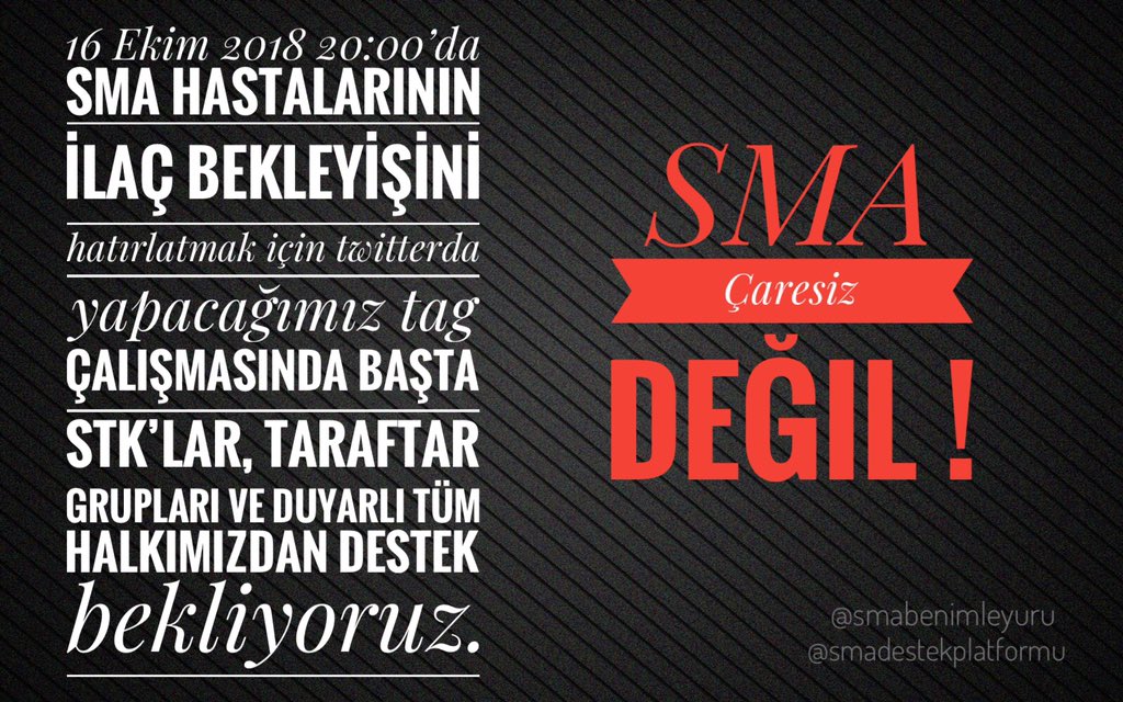 <a href="/firatinblogu/">Fırat</a> SMA hızla ilerleyen genetik ölümcül bir kas hastalığı. Mevcut tek tedavimiz olan ilacın SGK geri ödeme kapsamına alınması için sesimiz olur musunuz? Zaman aleyhimize işlerken artık çocuklarımız bu hastalığa  yenilmesin  #suSMAilacımıver #SmailacınıSGKödesin