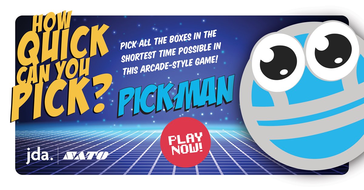BlueYonder's tweet photo. Play JDA’s new arcade-style video game, PICK-MAN! Choose your route, show off your #pricing skills and pick faster than the Visual #Warehouse technology. Find out how quick you pick here: https://t.co/rzz9C9ulXp https://t.co/hclNHJyXlb