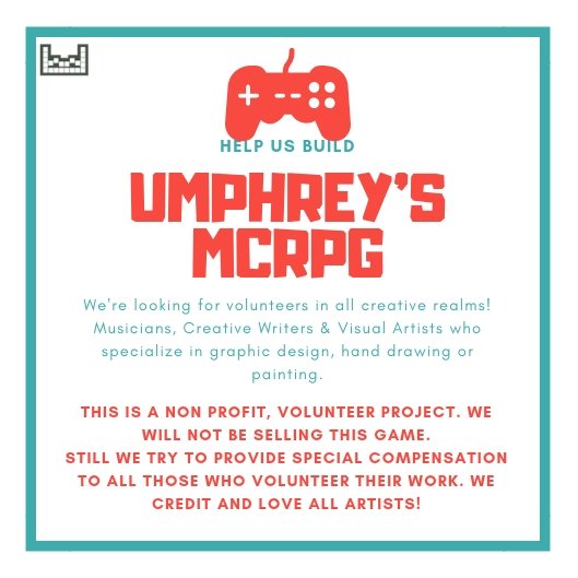 UmphreysMcRPG's tweet photo. Heya! Are you a writer? A graphic designer? A visual artist - painter or hand drawer? A chiptune musician? Want to work on a super fun, cool and expansive project that will be freely distributed to thousands of Umphreaks? Hit us up through this post or direct message! https://t.co/A2QZl9at34