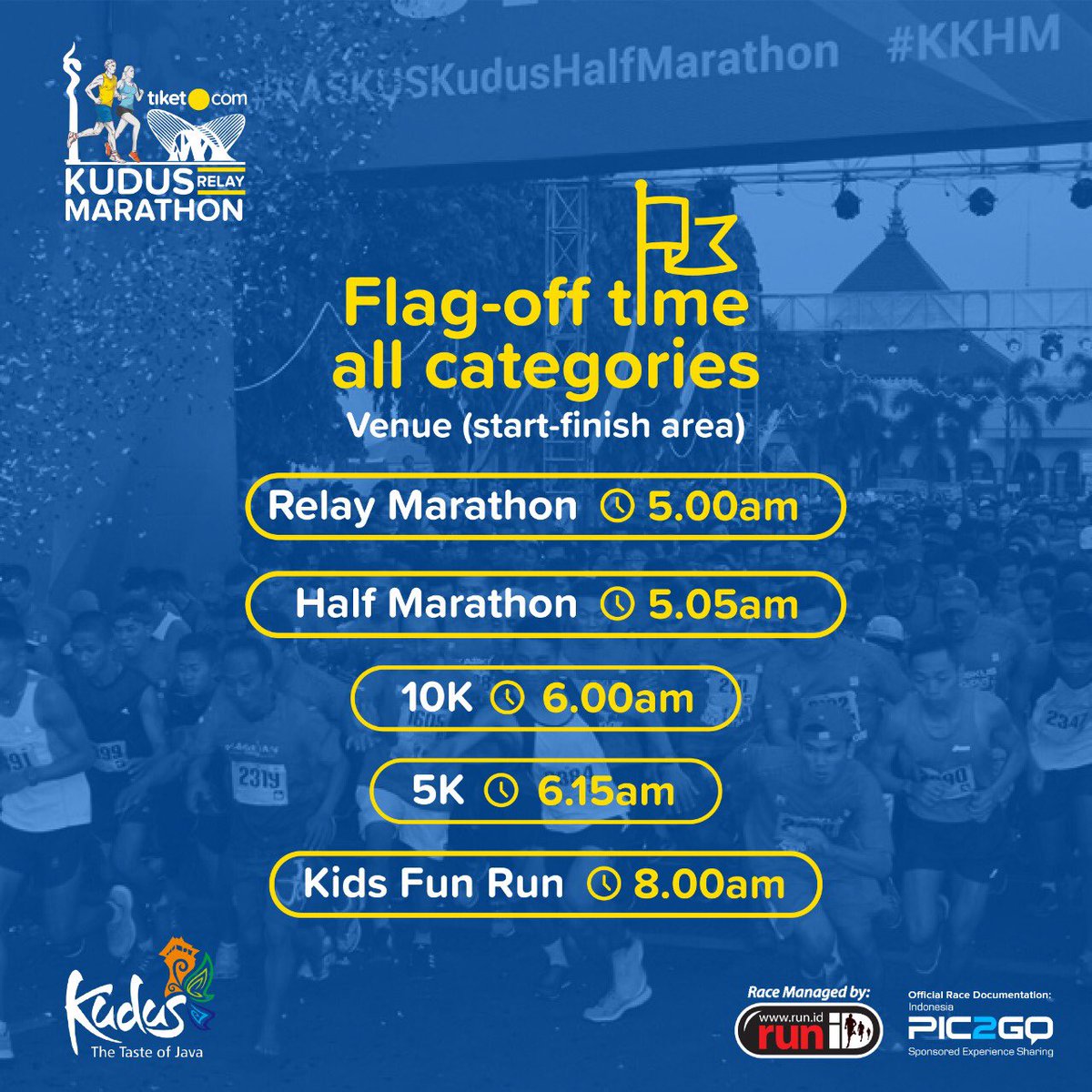 tkrm2018's tweet image. 5 hari menuju Tiket.com Kudus Relay Marathon! 
Berikut adalah jadwal Flag-Off Time #TKRM2018 untuk 5 kategori: Relay Marathon, Half Marathon, 10K, 5K dan Kids Fun Run. 
Pastikan tiba di lokasi lomba lebih awal supaya tidak terlambat dan melakukan pemanasan dulu.