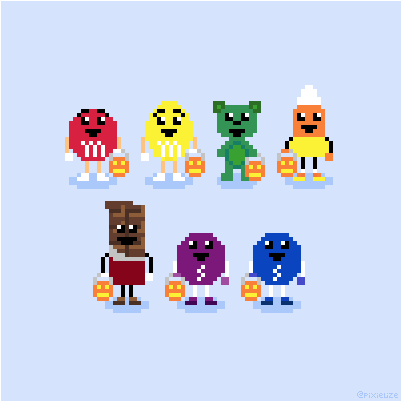 Pixel art of popular Halloween candies with each of them holding a jack-o-lantern bucket.