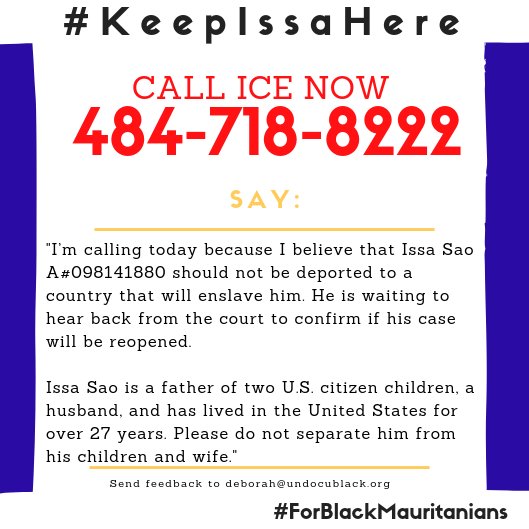 UndocuBlack's tweet photo. Issa has lived in the United States for over 27 years-now he needs your help. He is set to be deported to Mauritania where he could face slavery, torture, and even death. Call the ICE regional field office and tell them to #KeepIssaHere. RT to fight for  #ForBlackMauritanians https://t.co/2LeLYeTPMN