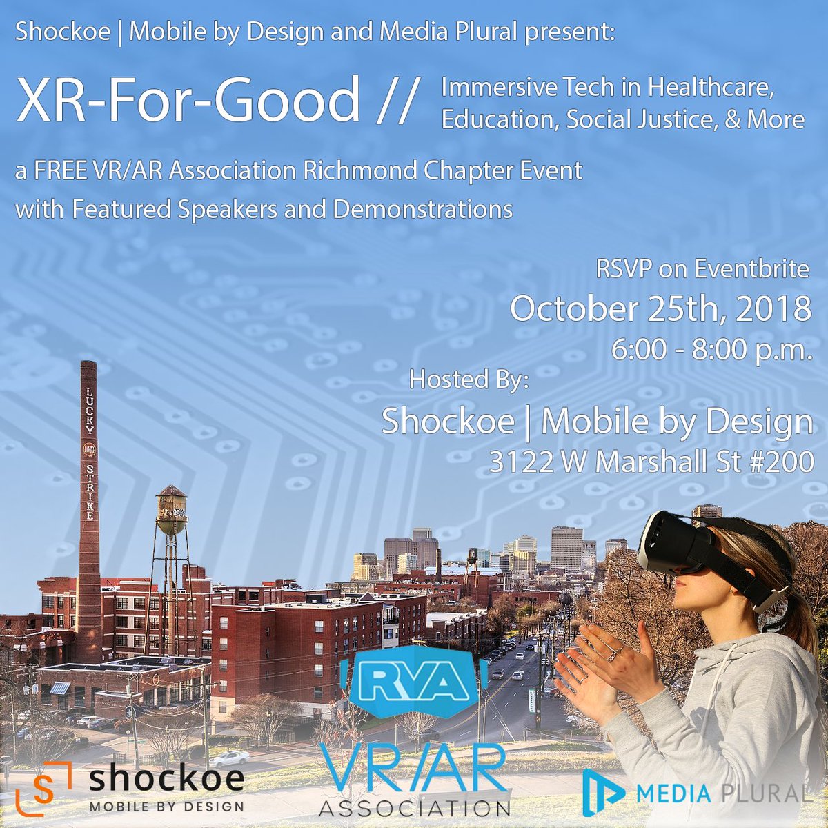 So excited to announce the next <a href="/thevrara/">VR/AR Association (VRARA)</a>/<a href="/vrara_RVA/">VR/AR Association - Richmond</a> chapter event hosted by <a href="/Shockoe/">SHOCKOE</a> on Thursday, October 25th at 6:00 p.m. Join us to hear from a host of amazing people using immersive tech for good here in #RVA! RSVP: eventbrite.com/e/xr-for-good-…
