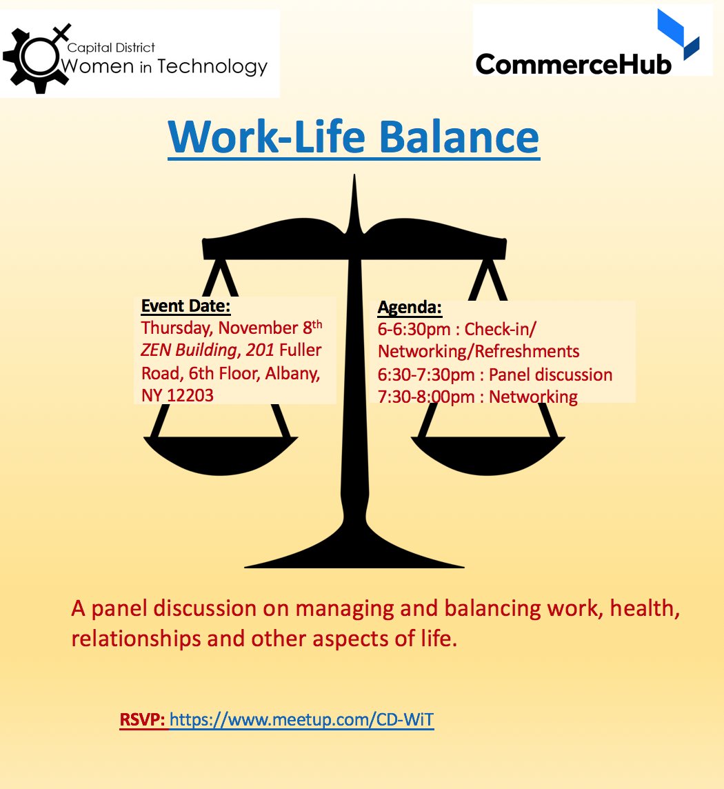 Work-Life Balance - 8th Nov @ 6PM
-------------------------------------------
RSVP: meetup.com/CD-WiT/events/…
Join  us for a thought provoking discussion on the challenges and rewards of  finding a work-life balance with the demands of a professional career.
